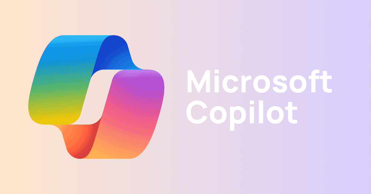 Colorful Microsoft Copilot logo with text in white and a gradient background.