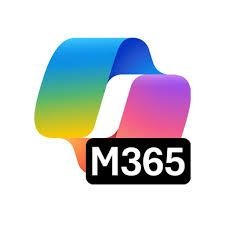 Colorful ribbon-shaped logo with M365 written in bold white font on a black rectangle.