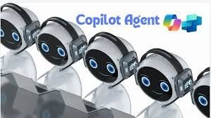 Row of smiling robot faces with text 'Copilot Agent' and colorful logo above them.
