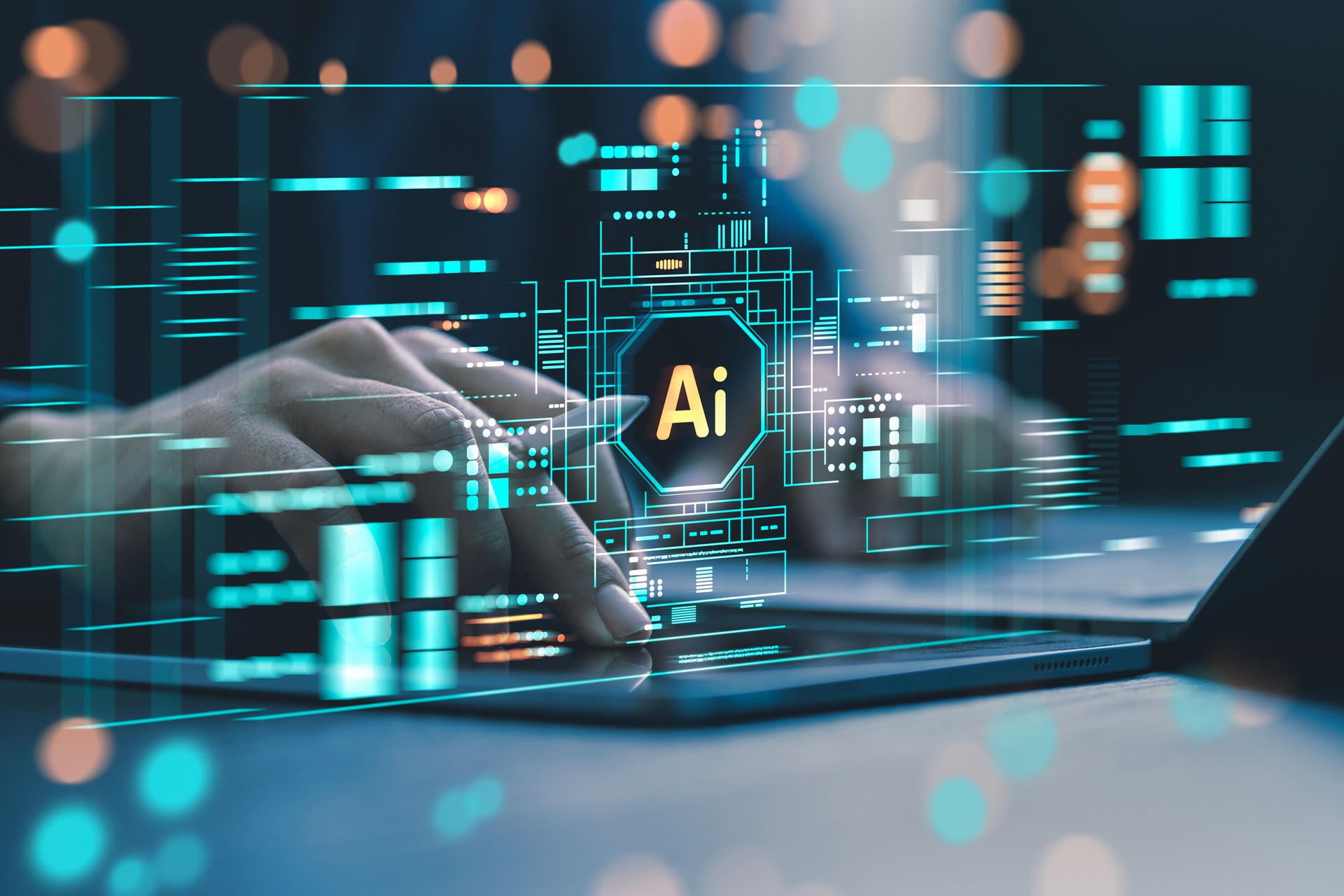 Humans are using laptops and computers to interact with AI, helping them create, code, train AI, or analyze big data with fast, cutting-edge  technology.