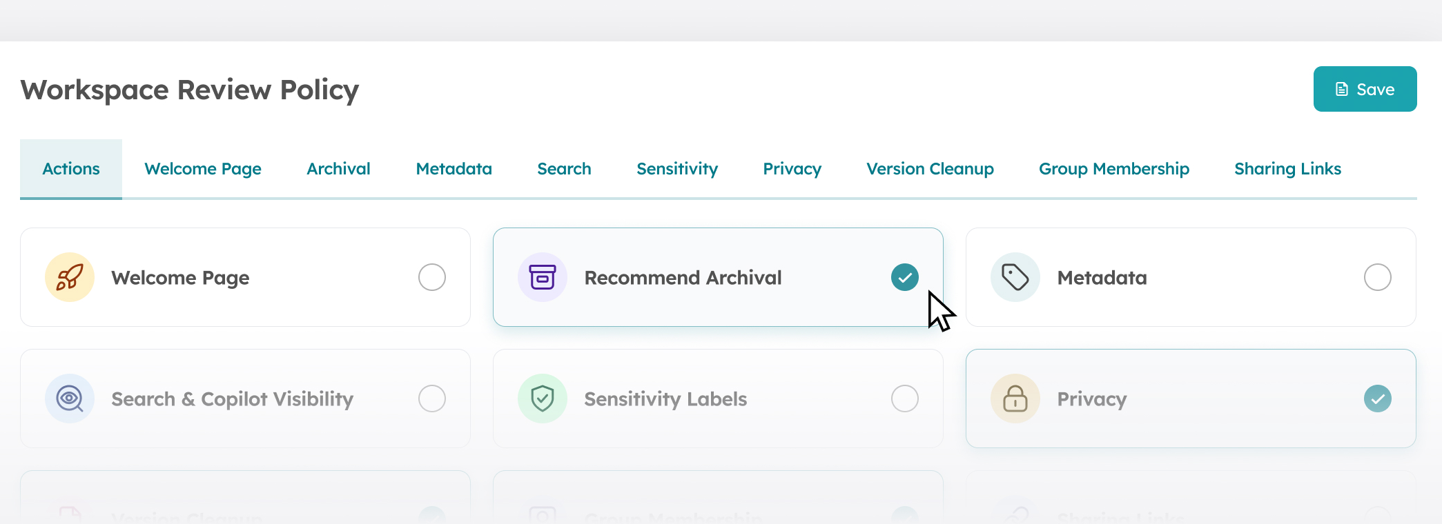 Workspace review policy settings with options for archival, metadata, Copilot visibility, sensitivity labels and privacy